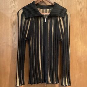 Ribbed Knit Cardigan Sweater Black/Tan Collar Long Sleeve 2 Pull Zipper Turkey